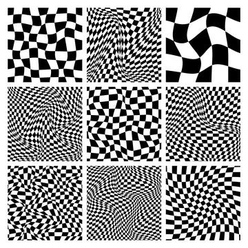 Trendy checkered pattern, black and white distorted tiled grid. Wavy curved Stock Illustration