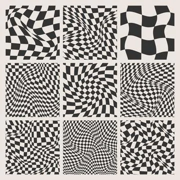 Trendy checkered pattern, black and white distorted tiled grid. Wavy curved Stock Illustration