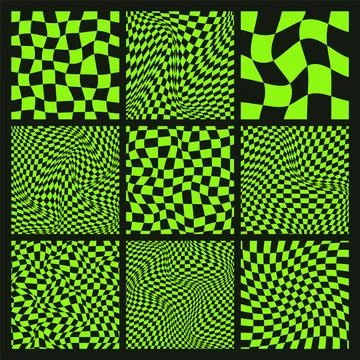 Trendy checkered pattern, black and green distorted tiled grid. Wavy curved Stock Illustration