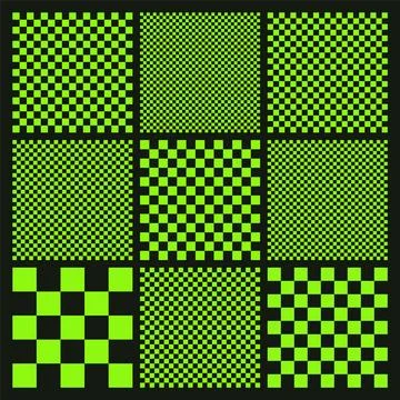 Trendy checkered pattern, black and green tiled grid. Funky geometric chessboard Illustrazione stock