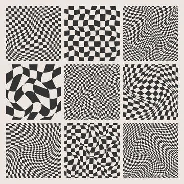 Trendy checkered pattern, black and white distorted tiled grid. Wavy curved Stock Illustration