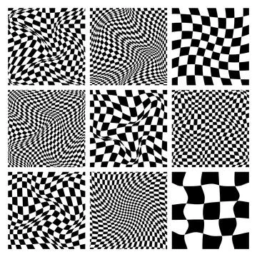 Trendy checkered pattern, black and white distorted tiled grid. Wavy curved Stock Illustration