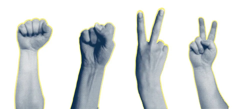 Trendy collage halftone elements with hand gestures, cutout Stock Illustration