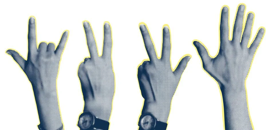 Trendy collage halftone elements with hand gestures, cutout Stock Illustration