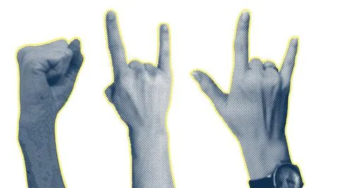 Trendy collage halftone elements with hand gestures, cutout Stock Illustration