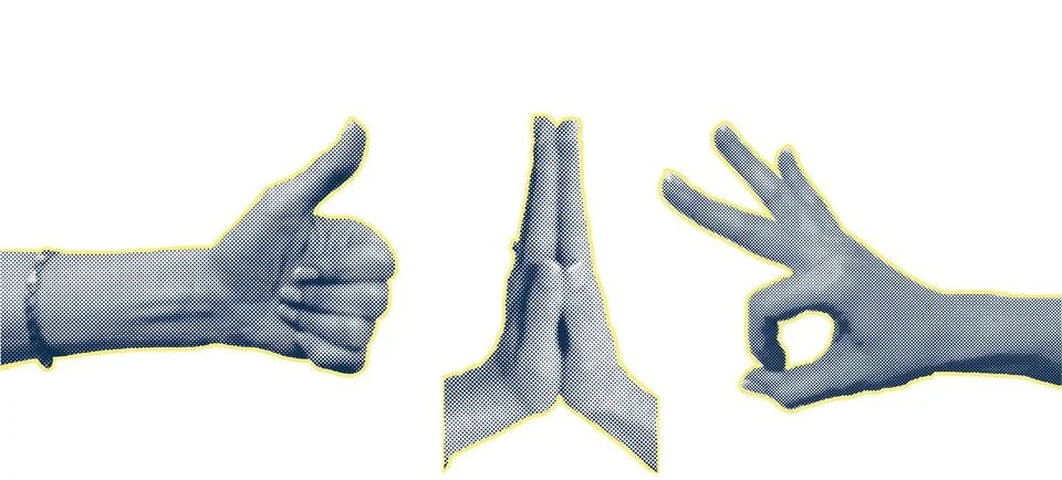 Trendy collage halftone elements with hand gestures, cutout Stock Illustration