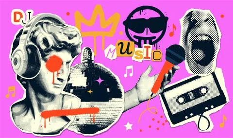 Trendy Collage of halftone elements set, 90s music, retro nostalgia Y2K paper Stock Illustration