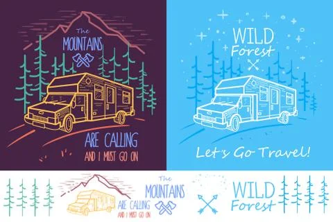 Trendy collection of two illustrations with trees, van, road and mountains on Stock Illustration