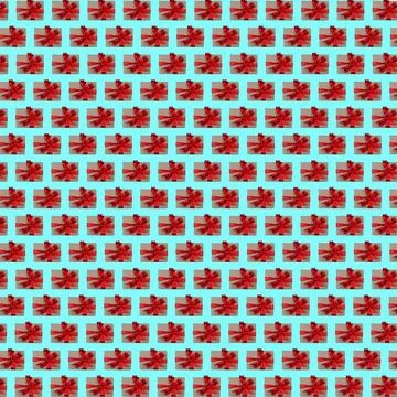 Trendy colorful repeating pattern of gift boxes with red bow on blue background Stock Photos