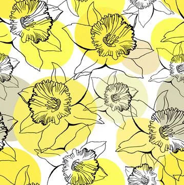 Trendy colors modern vector seamless pattern with black outline flowers with Stock Illustration