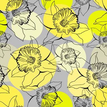 Trendy colors seamless pattern with black outline flowers with circles on Stock Illustration