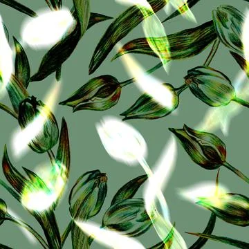 Trendy colors seamless pattern with silhouettes of tulips on green. Stock Illustration