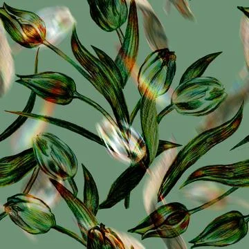 Trendy colors spring seamless pattern with tulips on green. Stock Illustration