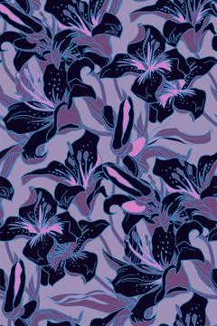 Trendy colors vector seamless pattern with silhouettes of Lily flowers. Stock Illustration