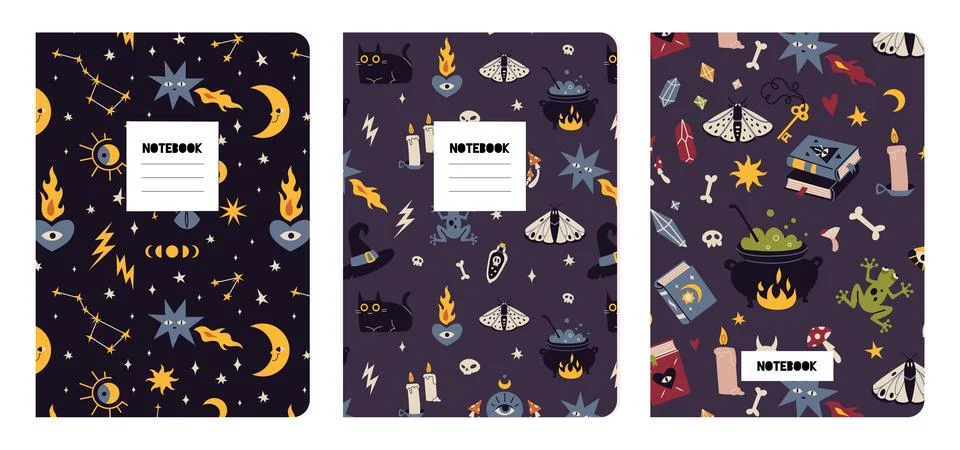 Trendy covers set on a magic theme, cartoon style vector illustration. Cool.. Stock Illustration
