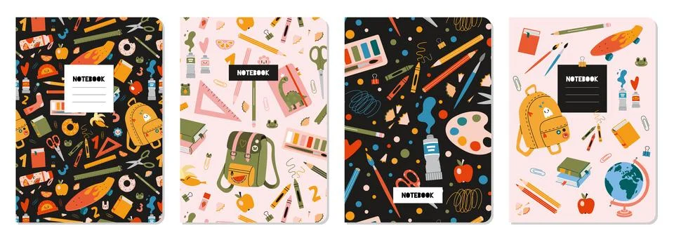 Trendy covers set on a school theme, cartoon style vector illustration.  Co.. Stock Illustration