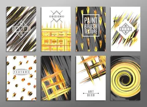 Trendy creative hand drawn cards collection with brush stroke patterns. Acrylic Illustrazione stock