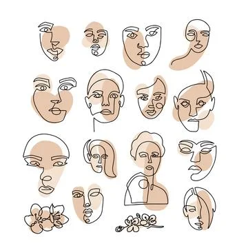 Trendy creative set of one line continuous face of girl faces with colors Stock Illustration