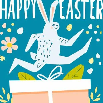 Trendy Easter design with bunny, gift box, lettering and flowers in pastel .. イラスト素材