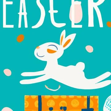 Trendy Easter design with bunny, lettering, flowers, bunny ears in pastel c.. Stock Illustration
