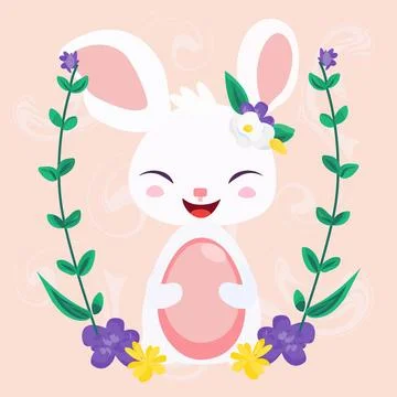 Trendy Easter design with Easter Bunny and flowers in pastel colors on pink.. 库存插图