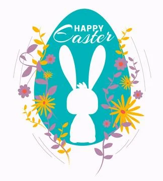 Trendy Easter design with lettering, bunny, flowers, bunny ears in pastel c.. Stock Illustration