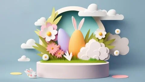 A trendy Easter greeting card with a 3D podium, spring flower, cloud, Easte.. Stock Illustration
