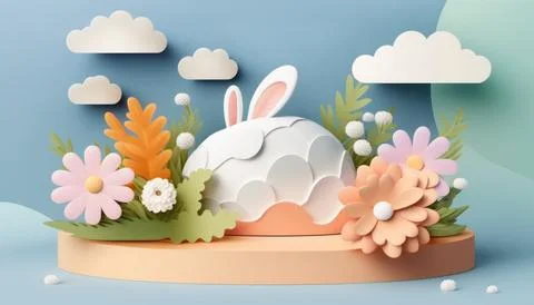 A trendy Easter greeting card with a 3D podium, spring flower, cloud, Easte.. Stock Illustration