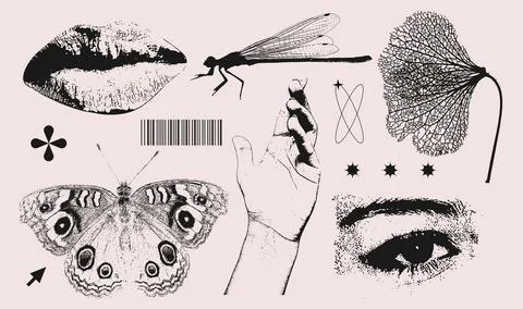 Trendy elements set with a 2000s natural beauty aesthetic. Retro photocopy Stockillustratie