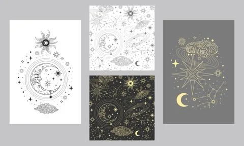 Trendy esoteric posters and seamless pattern set vector illustration 스톡 일러스트