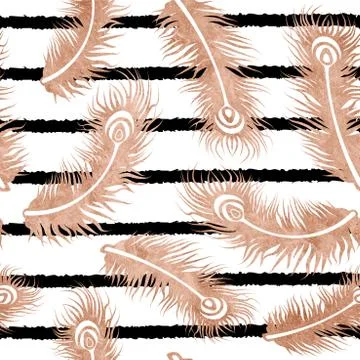 Trendy Feather Seamless Pattern in Rose Gold and Geometric Background イラスト素材