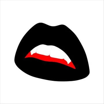 Trendy flat black open lips with vampire fangs. Isolated illustration on whit Stock Illustration