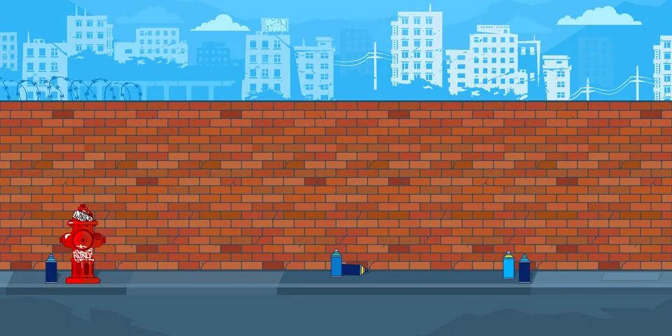 Trendy Flat Empty Brick Wall With Background Of The Cityscape Vector Stock Illustration