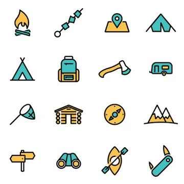 Trendy flat line icon pack for designers and developers. Vector line camping  Illustrazione stock