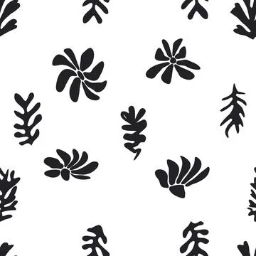 Trendy floral seamless pattern inspired by Matisse, black and white floral pa Stock Illustration