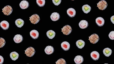 Trendy food animation or background of rotation sushi maki rolls on black Stock Footage 224909062