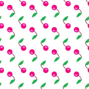 Trendy fruity pattern with pink cherries on a white background.  스톡 일러스트