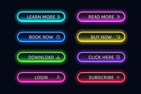 Trendy Glowing Neon Button Design. Neon buttons for web design Stock Illustration