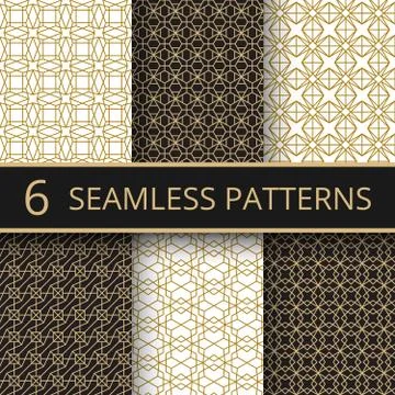 Trendy gold geometric seamless vector patterns with simple golden line shapes Stock Illustration