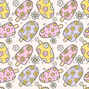 Trendy Groovy Popsicle Seamless Pattern Pastel Colorful Retro Summer Ice Cr.. Stock Illustration