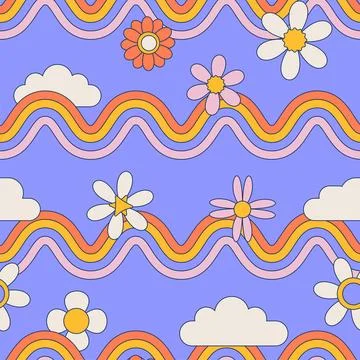 Trendy groovy retro seamless pattern with wavy geometric rainbow, white clouds Stock Illustration