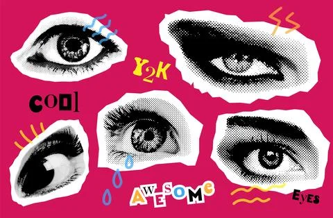Trendy groovy y2k collage elements. Diferent Eyes collection. Retro magazine Illustrazione stock