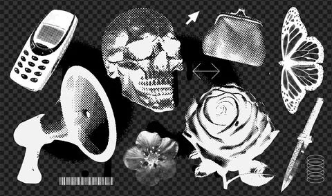 Trendy grunge texture elements set with a retro halftone grain effect. Dotted Stock Illustration