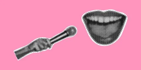 Trendy halftone collage banner. Elements cut out from a magazine, mouth, ha.. Stock Illustration