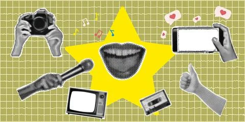 Trendy halftone collage banner. Elements cut out from a magazine, mouth, ha.. Stock Illustration