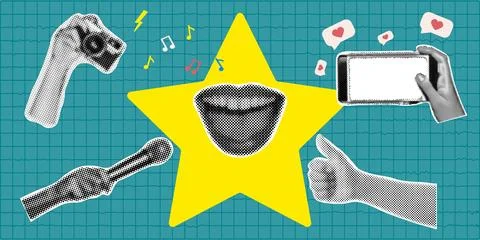 Trendy halftone collage banner. Elements cut out from a magazine, mouth, ha.. Illustrazione stock