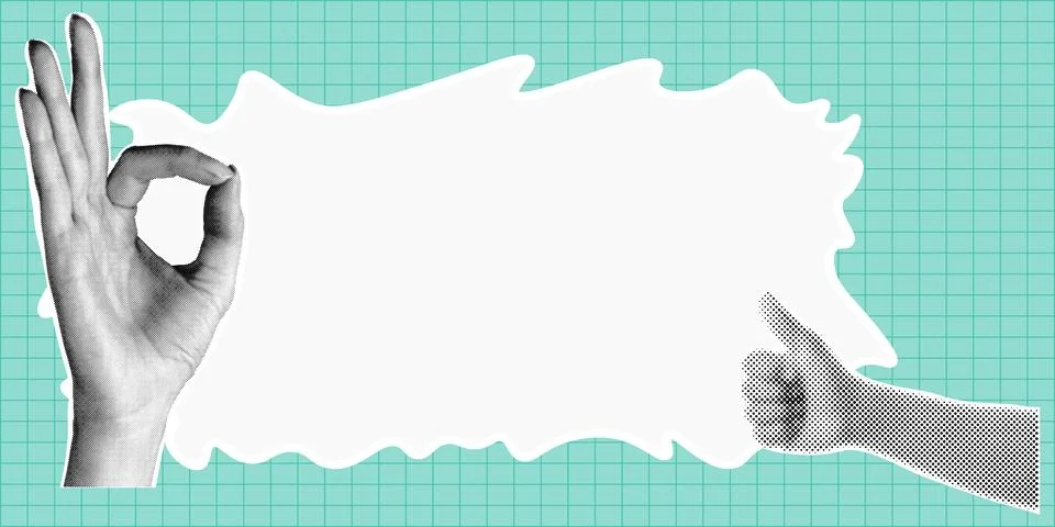 Trendy halftone collage banner. Elements cut out from a magazine, hand gest.. Stock Illustration