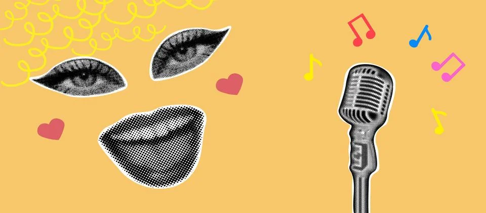 Trendy halftone collage banner. Elements cut out from a magazine, mouth, ey.. 스톡 일러스트