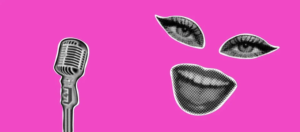 Trendy halftone collage banner. Elements cut out from a magazine, mouth, ey.. Illustrazione stock