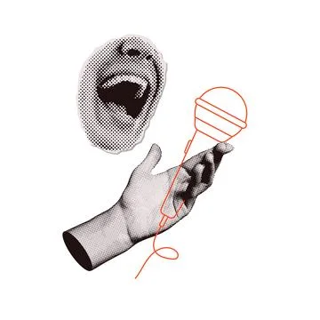 Trendy halftone collage concept. Elements cut out from a magazine, mouth, hand Illustrazione stock
